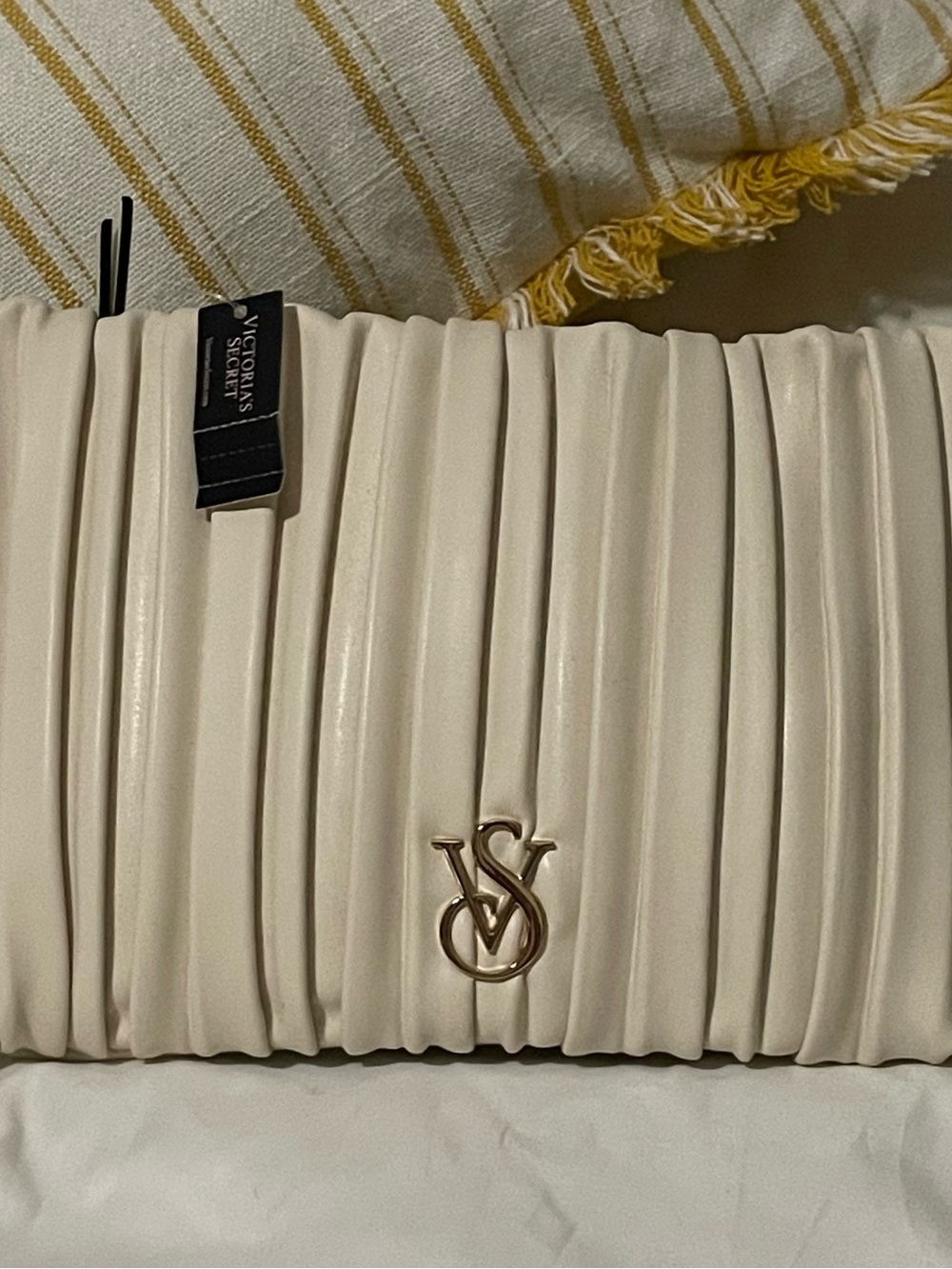 Victoria's Secret Cream Pleated Clutch with Gold VS Emblem